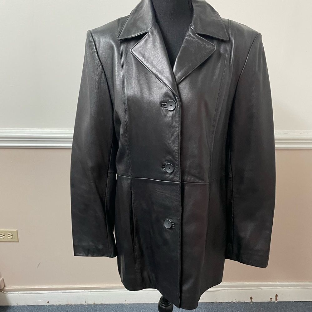 Nine West Genuine Black Leather Jacket- Button Up